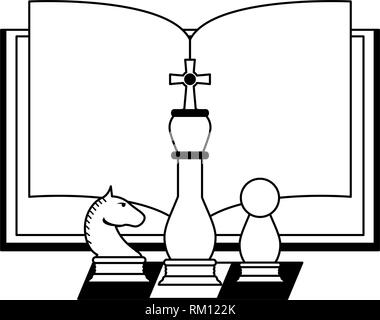 Livre ouvert avec pièces d'échecs en noir et blanc Illustration de Vecteur