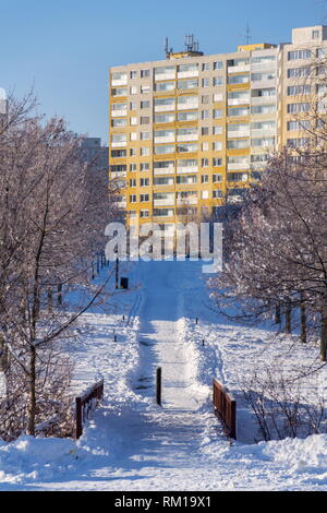 Panneau isolé house apartments derrière des arbres de haute taille bloc d'appartements, maisons en tour de blocs de béton, grand panneau de construction du système, Banque D'Images