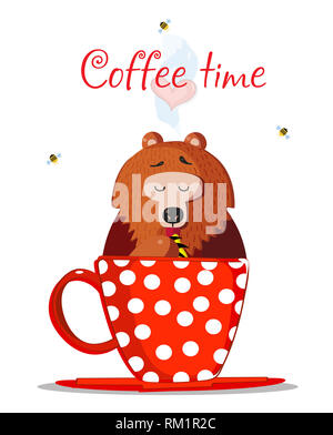 Coffee Time Illustration. Cute Cartoon ours assis de caractères en rouge avec motif à pois et de manger du miel doux avec patte. Les abeilles s'envolent. H Banque D'Images