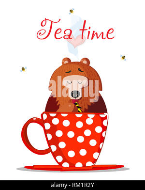 L'heure du thé l'illustration. Cute Cartoon ours assis de caractères en rouge Mug à pois l'ornement et de manger du miel doux avec patte. Les abeilles s'envolent. Hea Banque D'Images