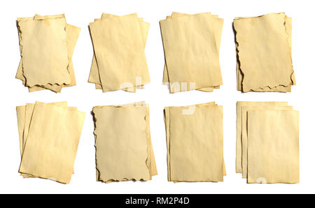 Ensemble de vieux morceaux de blanc vintage ancien manuscrit papier en ruine ou parchemin vertical isolated on white Banque D'Images