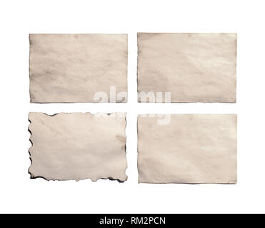 Ensemble de vieux morceaux de blanc vintage antique papier ou parchemin manuscrit en ruine orientée horizontalement isolated on white Banque D'Images