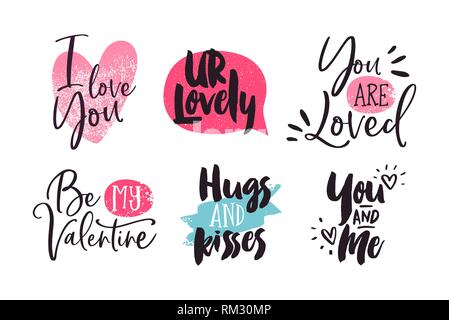 Valentines Day text quote calligraphie collection doodle. Ensemble de rose dessiné à la main avec mignon typographie messages d'amour isolées sur fond blanc. Illustration de Vecteur