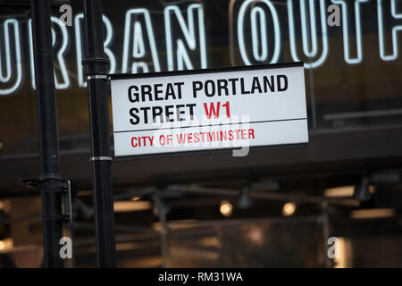 Londres, Royaume-Uni, le 7 février 2019, signe pour Great Portland Street Banque D'Images