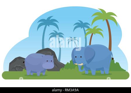 Hippopotame et l'éléphant les animaux sauvages avec des palmiers Illustration de Vecteur