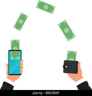Transfert d'argent du portefeuille vers le téléphone portable dans un design vectoriel isométrique. Paiement numérique ou service de remboursement en ligne. Concept de transaction bancaire mobile Illustration de Vecteur