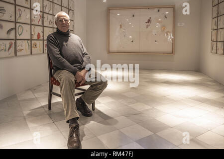 Barcelone, Catalogne, Espagne. Feb 13, 2019. L'artiste Antoni LLena est perçu au cours de la présentation de son exposition dans les salles du Palais de la MÃºsica Catalana.L'historique de l'artiste catalan Antoni Llena a présenté son projet temporaire avez vu ' de la fumée produite par le sous-sol''. L'exposition qui est présentée dans les salles du Palais de la musique catalane, MÃºsica recueille 100 dessins qui seront présentés jusqu'au 19 mars 2019. Credit : Paco Freire SOPA/Images/ZUMA/Alamy Fil Live News Banque D'Images