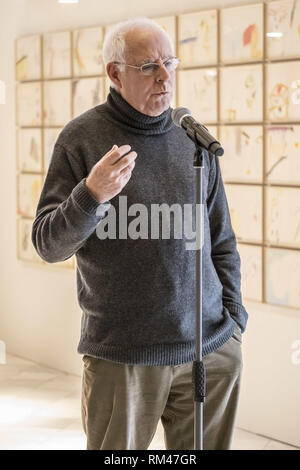 Barcelone, Catalogne, Espagne. Feb 13, 2019. L'artiste Antoni LLena est perçu au cours de la présentation de son exposition dans les salles du Palais de la MÃºsica Catalana.L'historique de l'artiste catalan Antoni Llena a présenté son projet temporaire avez vu ' de la fumée produite par le sous-sol''. L'exposition qui est présentée dans les salles du Palais de la musique catalane, MÃºsica recueille 100 dessins qui seront présentés jusqu'au 19 mars 2019. Credit : Paco Freire SOPA/Images/ZUMA/Alamy Fil Live News Banque D'Images