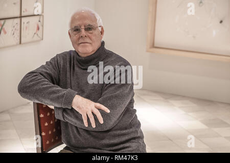 Barcelone, Catalogne, Espagne. Feb 13, 2019. L'artiste Antoni LLena est perçu au cours de la présentation de son exposition dans les salles du Palais de la MÃºsica Catalana.L'historique de l'artiste catalan Antoni Llena a présenté son projet temporaire avez vu ' de la fumée produite par le sous-sol''. L'exposition qui est présentée dans les salles du Palais de la musique catalane, MÃºsica recueille 100 dessins qui seront présentés jusqu'au 19 mars 2019. Credit : Paco Freire SOPA/Images/ZUMA/Alamy Fil Live News Banque D'Images