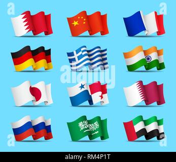 Ensemble d'icônes brandissant des drapeaux, symboles officiels de l'isolé, vector illustration de countrys. Illustration de Vecteur