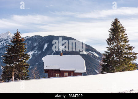 Mountain House et deux arbres, montagnes aux sommets enneigés en arrière-plan dans la région de Schladming-Dachstein, Liezen, Styrie, Autriche, Europe Banque D'Images