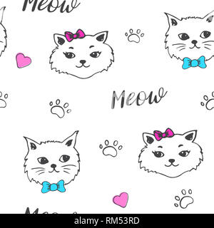 Chat mignon modèle homogène. Arrière-plan de décoration avec des animaux. Doodle style. Banque D'Images