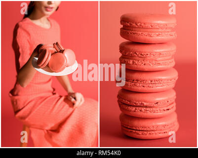 Collage avec de doux macarons et femme élégante en corail vivant. La couleur Pantone de l'année 2019 concept Banque D'Images