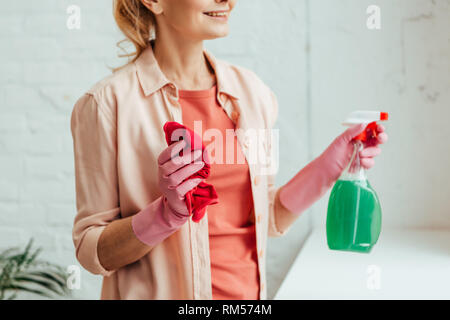 Portrait of smiling senior woman holding spray et rag Banque D'Images