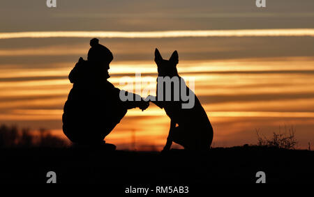 Toucher une photo d'un petit garçon et un chien de la race Berger Belge Malinois sur l'arrière-plan d'un beau coucher du soleil Banque D'Images