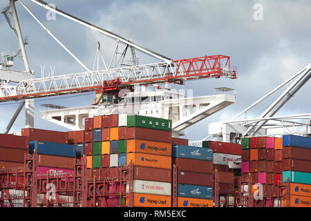 Le navire porte-conteneurs ultra-large de 400 mètres de long, BARZAN, chargement et déchargement dans le terminal à conteneurs de Southampton, Royaume-Uni. Banque D'Images