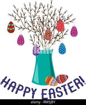 Joyeuses Pâques. Cute Cartoon télévision vase aux branches printemps oeufs peints et isolé sur un fond blanc. Vector Illustration de Vecteur