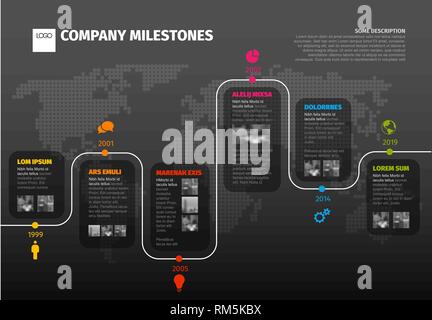Historique de la société Vector Infographic Template avec des pointeurs sur une ligne courbe - version sombre Illustration de Vecteur