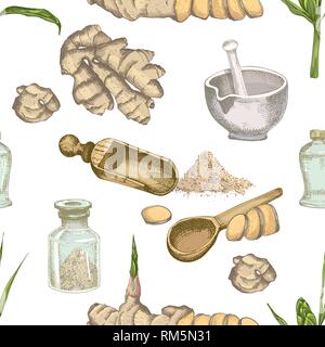 Motif transparent coloré à la main des racines de gingembre, vit et fleurs isolé sur fond blanc. Retro vintage design graphique Illustration de Vecteur