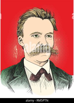 Friedrich Nietzsche portrait dans l'art de l'illustration. Il a été philosophe allemand, philologue, poète, compositeur et disciple classique. Couches modifiables. Illustration de Vecteur