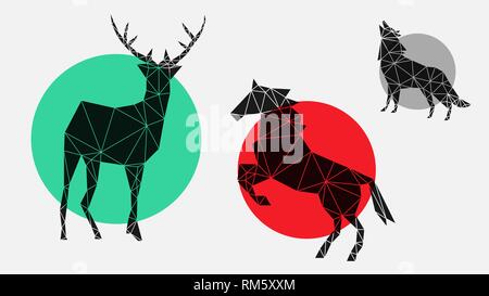 Télévision, à la mode, élégant, icônes géométriques avec le cerf, le cheval, le loup. Illustration de Vecteur