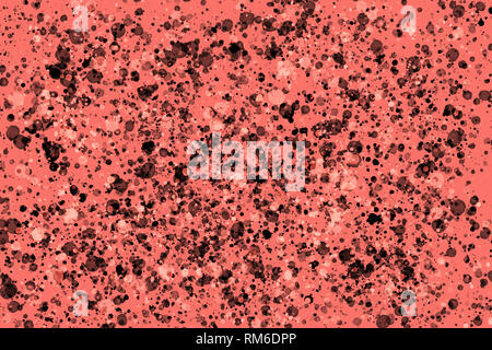 Couleur corail vivant de l'année 2019. Noir blanc rond lumineux aléatoires éclaboussures de peinture sur le fond. Abstract texture colorée Banque D'Images