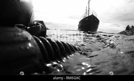 Bateau de plongée à venir pour enlèvement Banque D'Images