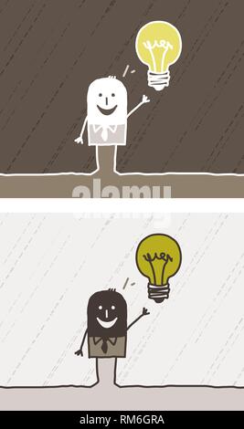 Colored cartoon - vector hand drawn characters - man with Light bulb Illustration de Vecteur