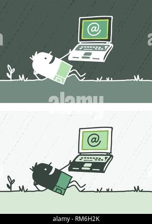 Colored cartoon - vector hand drawn characters - man with laptop Illustration de Vecteur