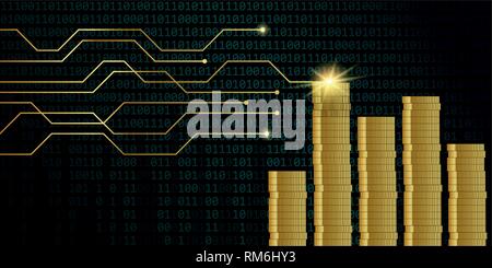 De nombreuses pièces d'or avec un code binaire numérique contexte finances concept vector illustration EPS10 Illustration de Vecteur