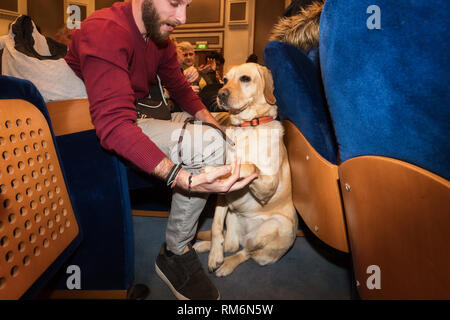 Thessalonique, Grèce - mars 9, 2018 : guide de l'aveugle avec chien assis dans le cinéma lors d'une projection spéciale au cinéma Zannas pour stores Banque D'Images