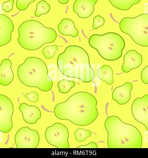 Motif de fond transparent lumineux de poires mûres coupées en deux. Pour les jus de fruits juteux, vitamines, purée de pommes de terre ou la nourriture de bébé. Illustration de Vecteur