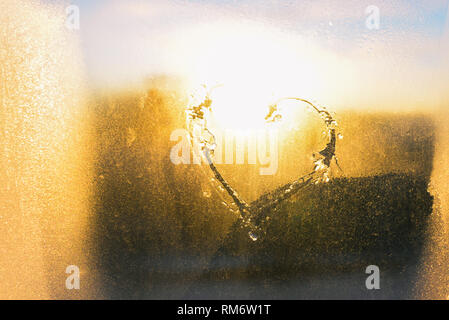 Le coeur dessiné sur le verre gelé. Lever du soleil tôt le matin. Sous réserve de l'amour ou la Saint-Valentin Banque D'Images
