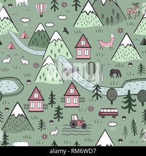 Cute Vector scandinave dessiné à la main avec motif transparent maisons, animaux, arbres, vieux château et les montagnes. Nature paysage nordique concept. Illustration de Vecteur