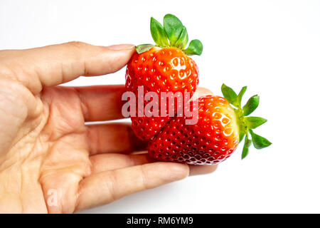 Mains tenant 2 fraises en forme de coeur nutrition saine concept fruits sur fond blanc Banque D'Images