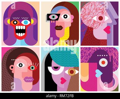Six Portraits illustration de vecteur d'art moderne. Composition de six images abstraites différentes du visage humain. Illustration de Vecteur