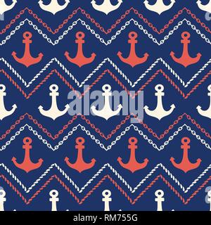 Hand-Drawn Corde et chaînes de chevrons avec motif transparent vecteur d'ancrage. Fond marin bleu et rouge. Sea, Ocean Éléments. Illustration de Vecteur