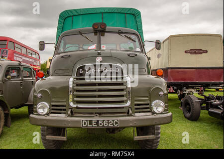 Enfield, Middlesex, Angleterre, Royaume-Uni - 24 mai 2015 : Vue de face d'un vieux camion Bedford vert à une exposition de voiture. Banque D'Images