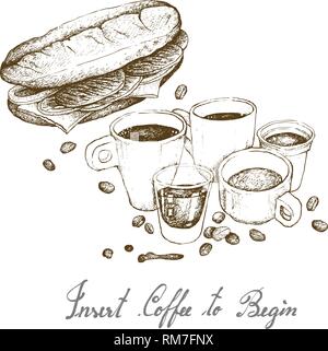 Insérez le café pour commencer, Illustration croquis à main d'une tasse de café et pot en verre avec des sandwich baguette fraîchement isolated on White Background Illustration de Vecteur