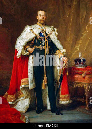 Roi George V du Royaume-Uni (1865-1936), règne (1910-1936), en robes de couronnement, portrait peint par Sir Luke Fildes, vers 1911 Banque D'Images