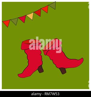 Bottes rouge saffian. Carte avec les objets de la Fédération nationale de costume. Chaussures à talon. Symboles de la fête Le Mardi Gras ou Maslenitsa. Illustration de Vecteur