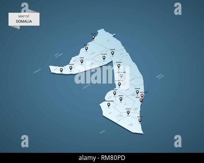 3D isométrique Somalie map, vector illustration avec les villes, les frontières, les capitaux, les divisions administratives et marques ; pointeur fond bleu dégradé. C Illustration de Vecteur