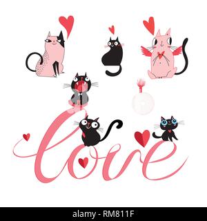 Vecteur de chats dans l'amour et l'inscription de l'amour sur un fond blanc Illustration de Vecteur