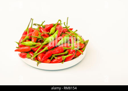 Birds Eye piments rouges et verts sur fond blanc Banque D'Images