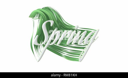 Le mot printemps faites par lettrage vinyl blanc et vert frais et de plus en plus d'herbe ondulées. 3d illustration. Isolé sur fond blanc Banque D'Images