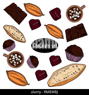 Ensemble à la main de couleur différentes sortes de chocolat style croquis illustration vectorielle sur fond blanc. Chocolat, bonbons, haricots, poreuse Illustration de Vecteur