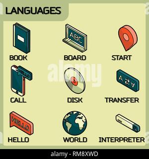 Langues couleur contours icônes isométrique. Ensemble d'icônes linéaire moderne sur le sujet de l'apprentissage d'une langue étrangère. Logos vectoriels pour les écoles, les collèges d'une Illustration de Vecteur