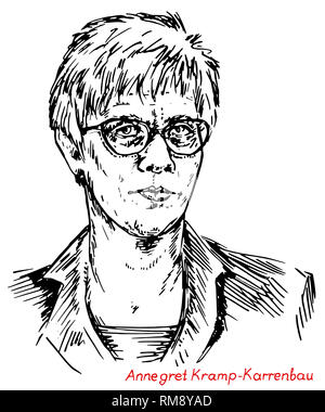 Annegret Kramp-Karrenbauer, chef de l'Union chrétienne-démocrate (CDU), illustration dessinée à la main, de simples lignes à l'encre Banque D'Images