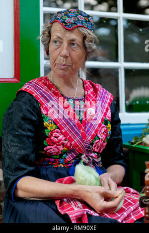 Femme en costume traditionnel néerlandais filage de la laine en face d'une authentique maison peinte Banque D'Images