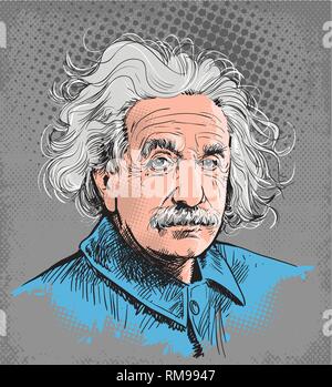 Albert Einstein le portrait dans l'art de l'illustration. Il était un physicien théoricien américain d'origine allemande qui a développé la théorie de la relativité. Couches modifiables. Illustration de Vecteur